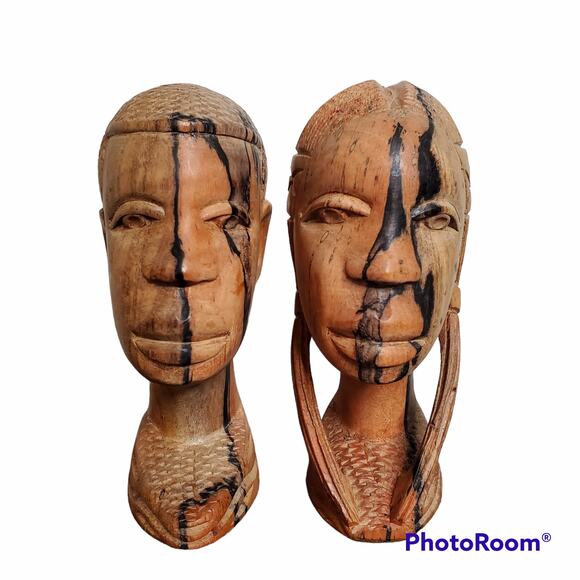 African Hand Carved Wood Man Woman Couple Tribal Statue Bust Head Art Ebony - Picture 1 of 6